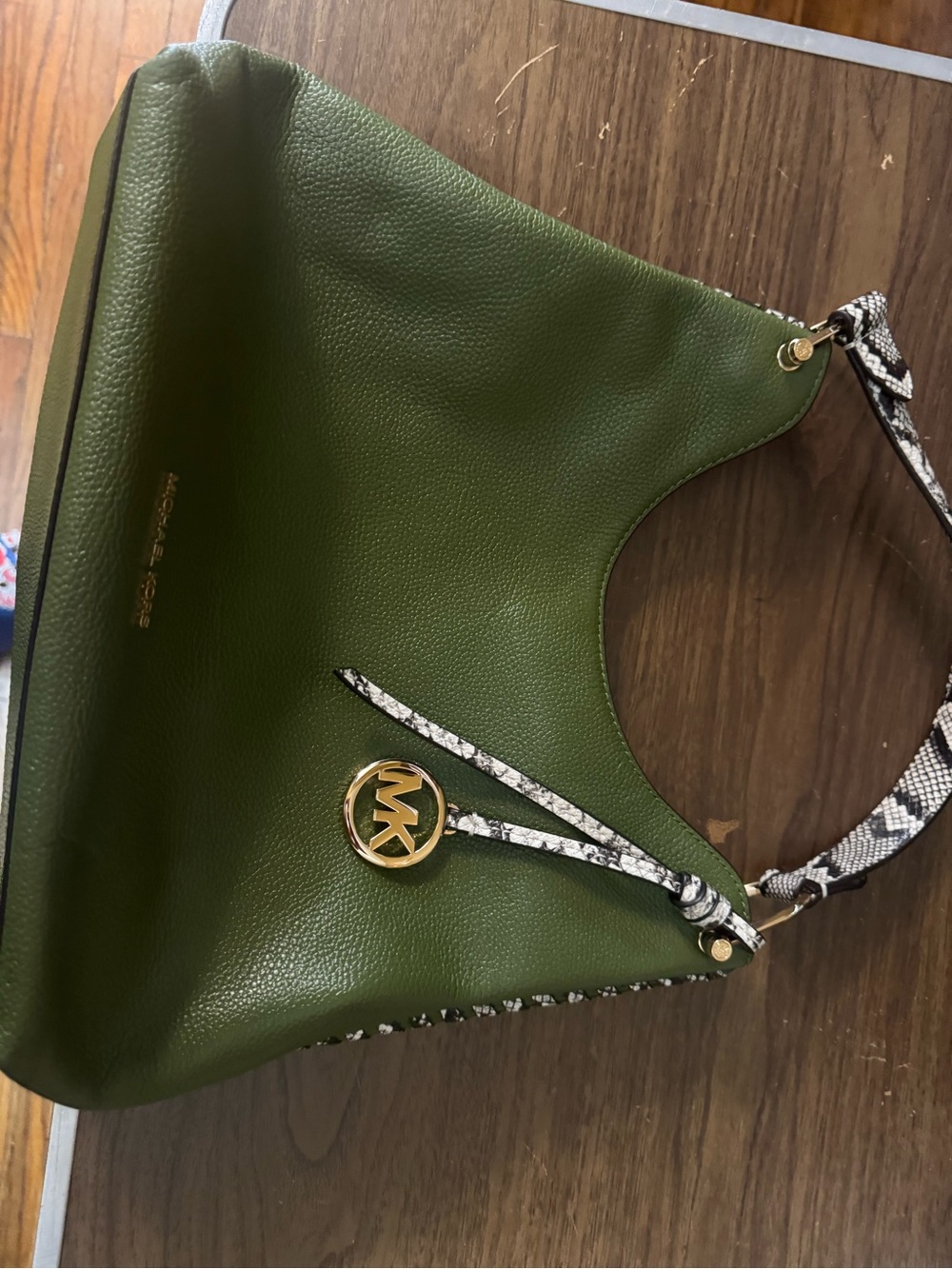 Michael Kors Olive Green Pebbled Leather Shoulder Bag with Snake-Print Strap